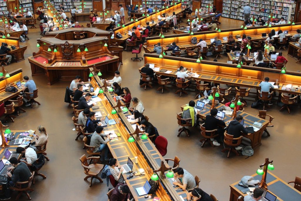 College students studying in the school's library